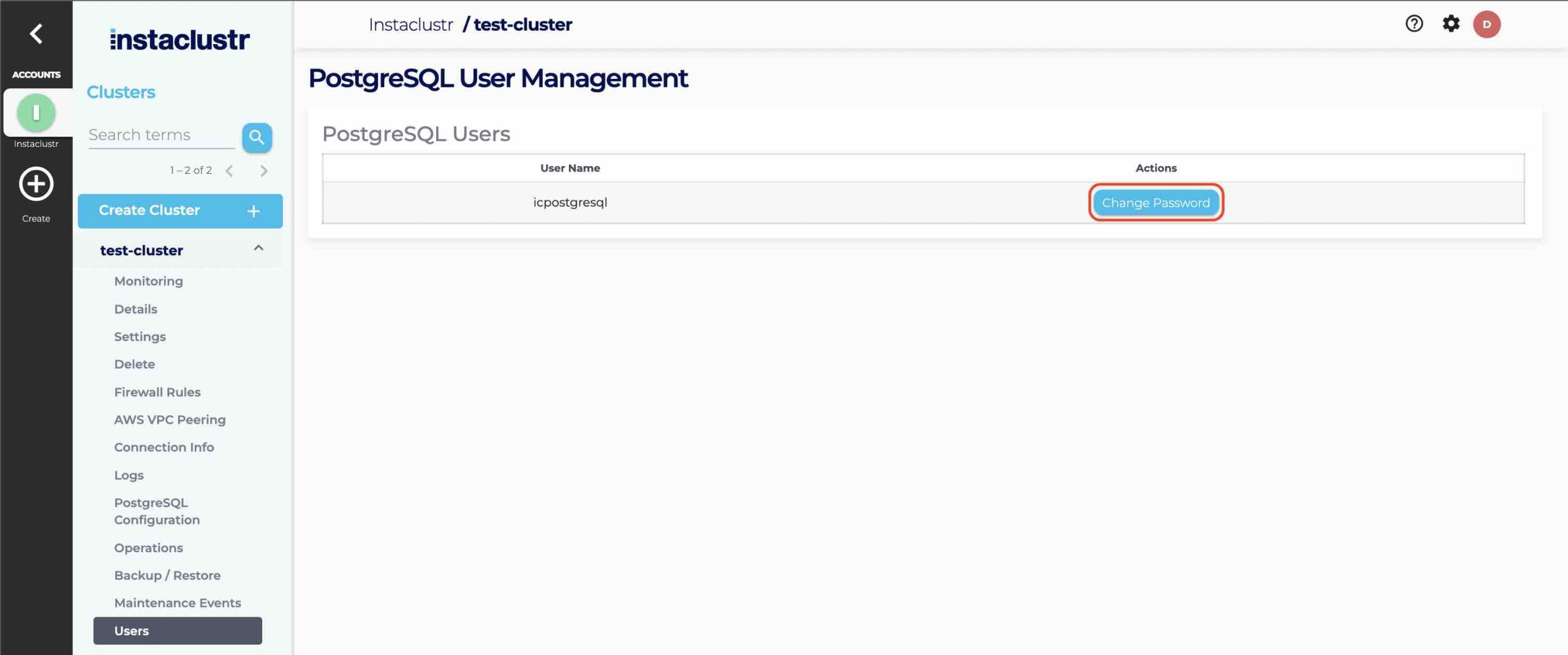 Change PostgreSQL Default User Password Instaclustr