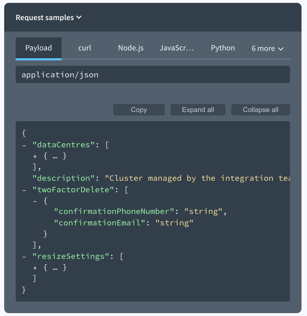 The Payload tab in the Request Samples section has the JSON sample in a code block with collapsible sections